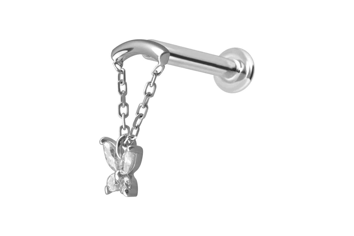 14 Karat Gold Labret Piercing mit Push Fit MOISSANIT-SCHMETTERLING + BOGEN + KETTE
